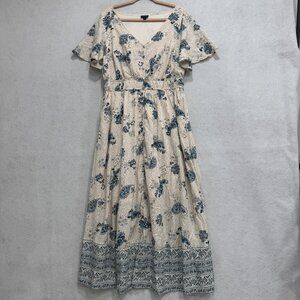 Torrid Dress Womens 1 Cream Blue Floral Boho Maxi V Neck Short Sleeve Plus Size
